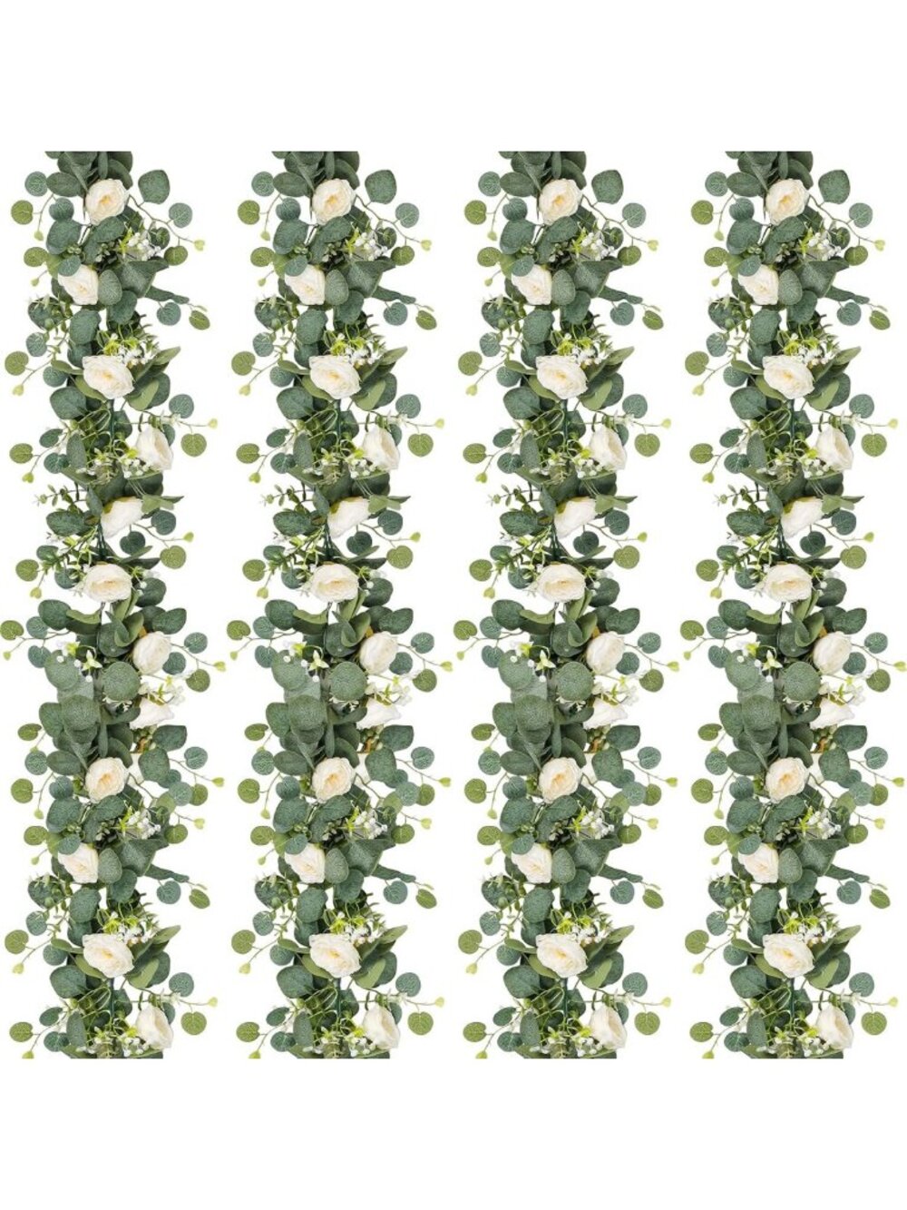 4 Pack Artificial Eucalyptus & White Rose Flower Garland for Home Decor